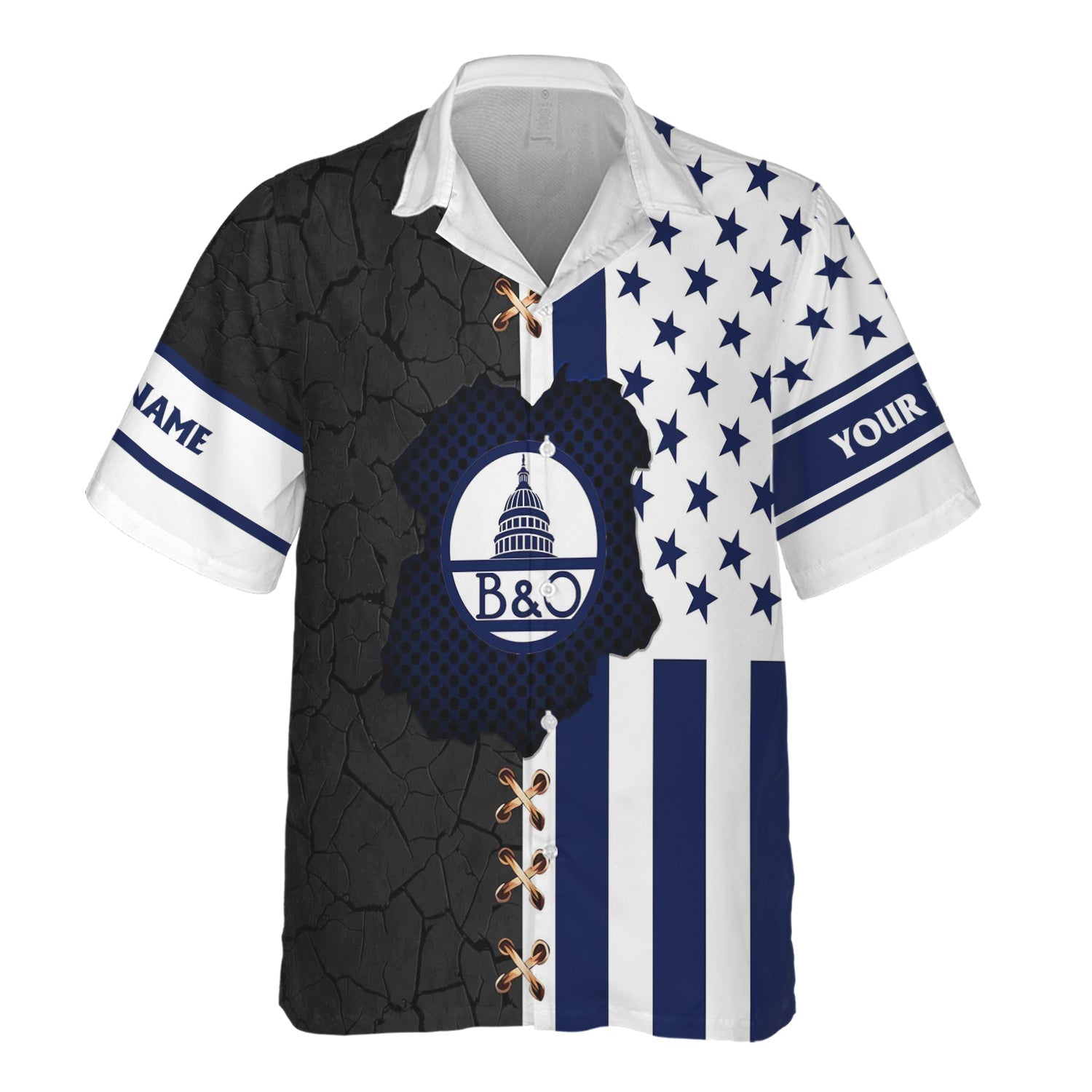 Railspirit Personalized Baltimore and Ohio Railroad Hawaiian Shirt American Flag with Crack Effect B&O Train Shirt