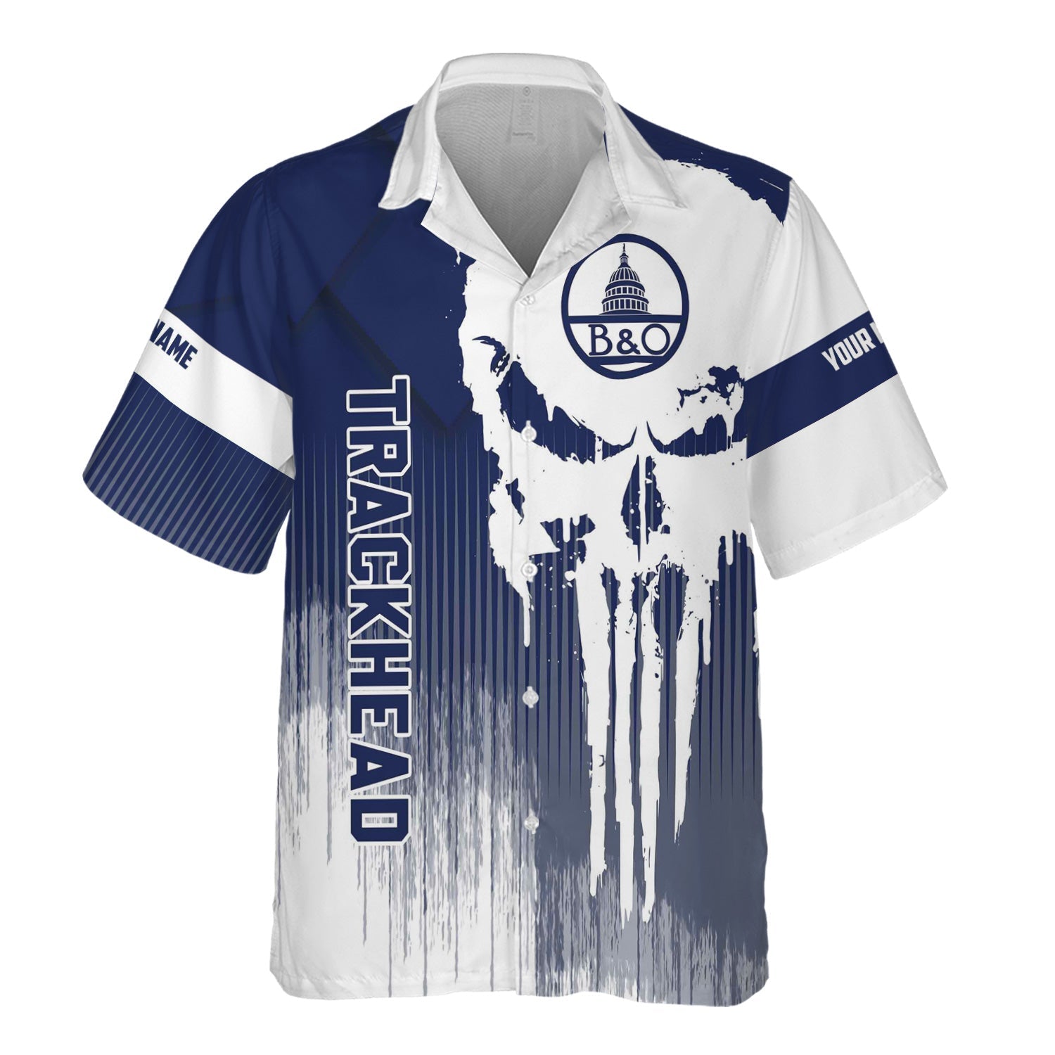 Railspirit Personalized Baltimore and Ohio Railroad Hawaiian Shirt Skull Design with Custom Job B&O Train Shirt for Trackhead Crew