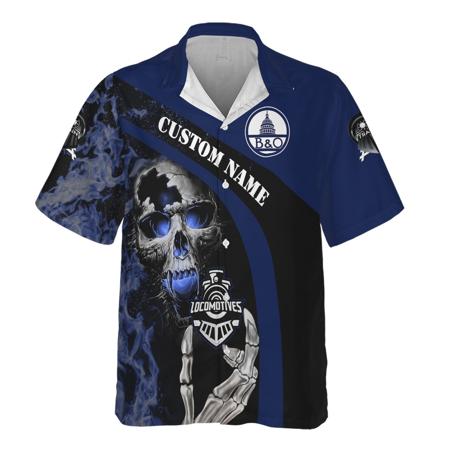 Railspirit Personalized Baltimore and Ohio Railroad Hawaiian Shirt Flame Skull Design B&O Train Shirt for Locomotive Fans
