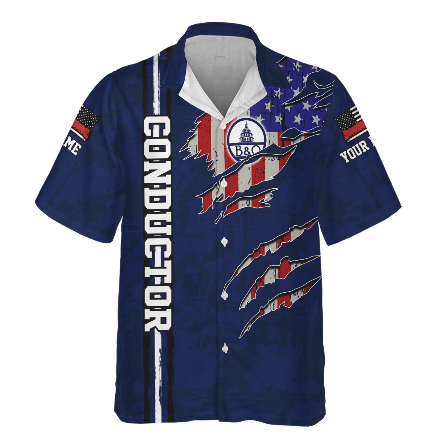 Railspirit Personalized Baltimore and Ohio Railroad Hawaiian Shirt USA Flag Claw Art with Custom Job B&O Train Shirt