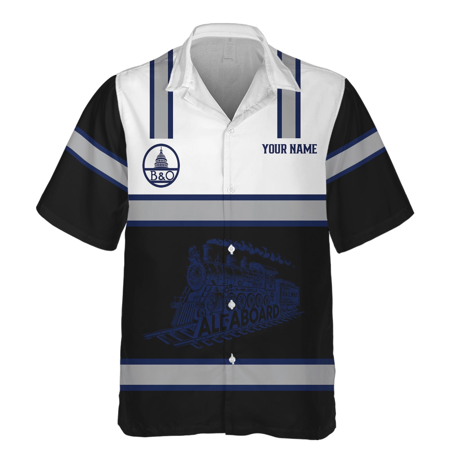 Railspirit Custom Name Baltimore and Ohio Railroad Hawaiian Shirt Eat Train Sleep Repeat B&O Printed Train Shirt