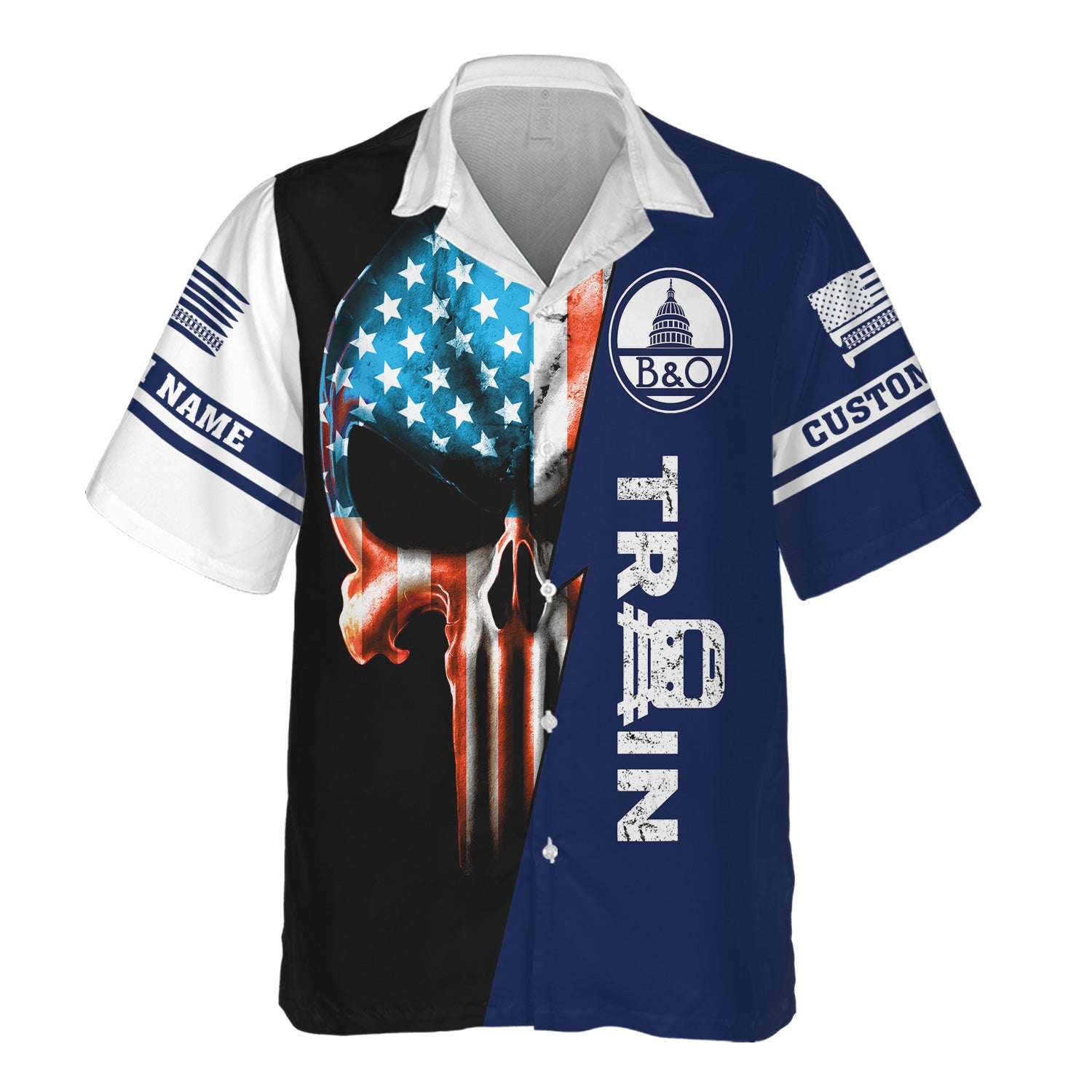 Railspirit Personalized Baltimore and Ohio Railroad Hawaiian Shirt Train Skull American Flag B&O Shirt All Over Print