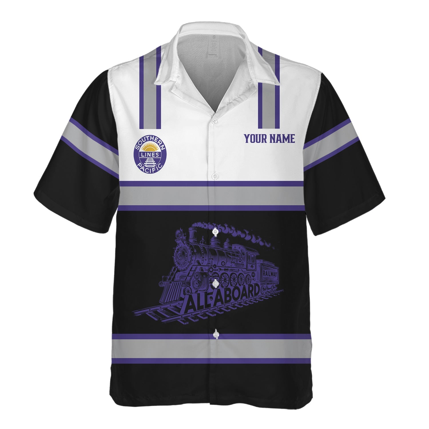 Railspirit Custom Name Southern Pacific Railroad Hawaiian Shirt Eat Train Sleep Repeat Printed Train Shirt