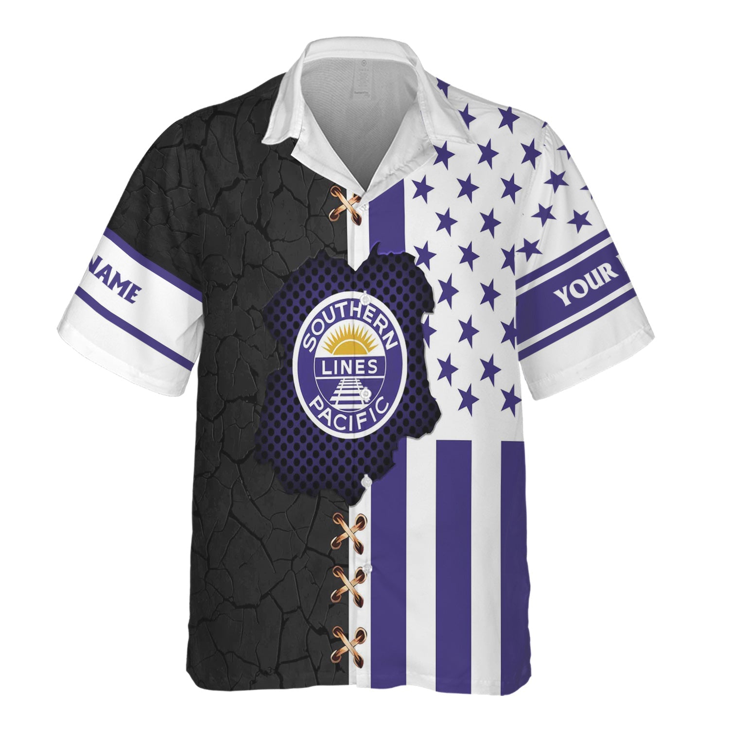 Railspirit Personalized Southern Pacific Railroad Hawaiian Shirt American Flag with Crack Effect Train Shirt