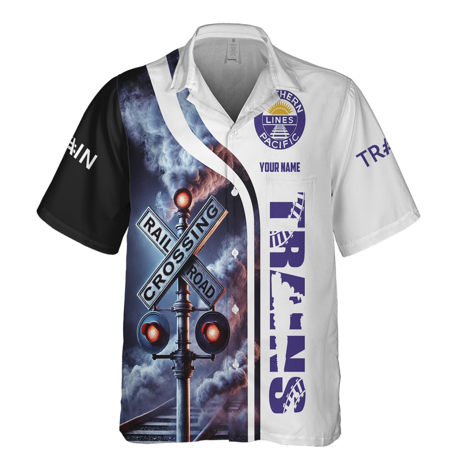 Railspirit Custom Name Southern Pacific Railroad Hawaiian Shirt Railroad Crossing Sign Printed Train Shirt