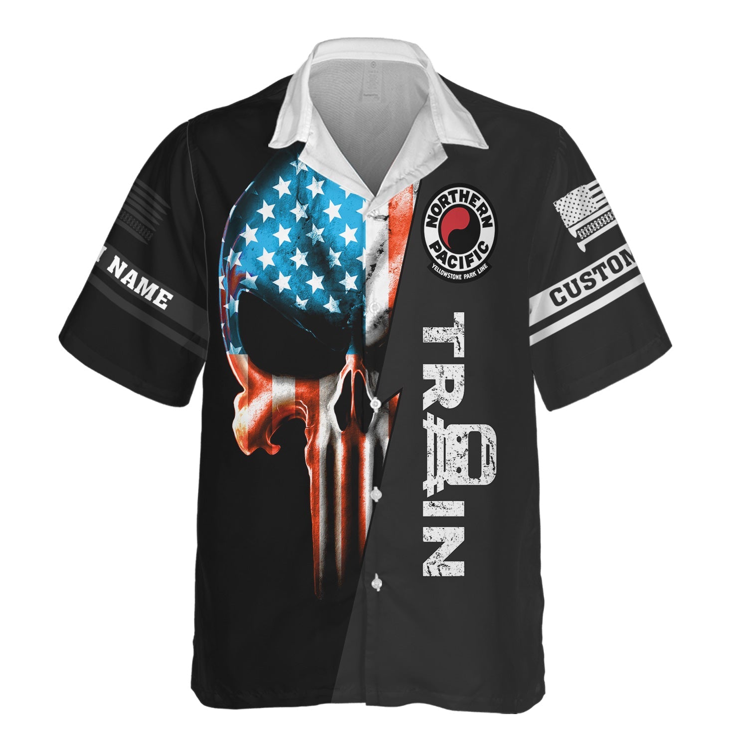 Railspirit Personalized Northern Pacific Railway Hawaiian Shirt Train Skull American Flag Shirt All Over Print