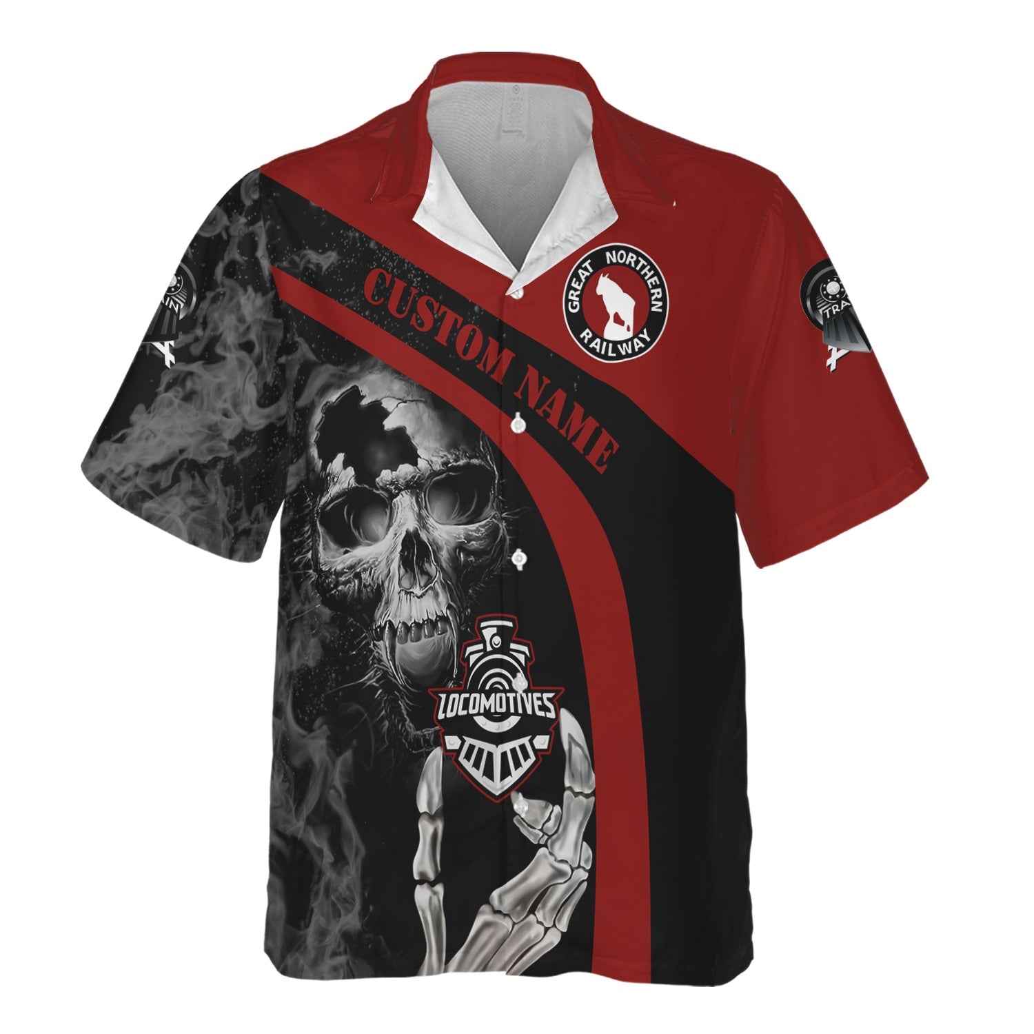 Railspirit Personalized Great Northern Railway Hawaiian Shirt Flame Skull Design GNR Train Shirt for Locomotive Fans