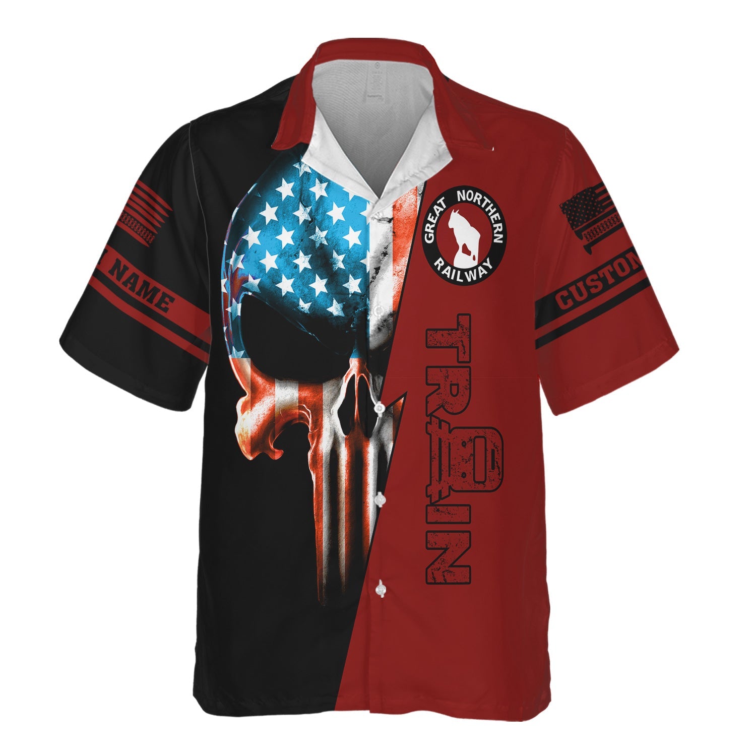 Railspirit Personalized Great Northern Railway Hawaiian Shirt Train Skull American Flag GNR Shirt All Over Print