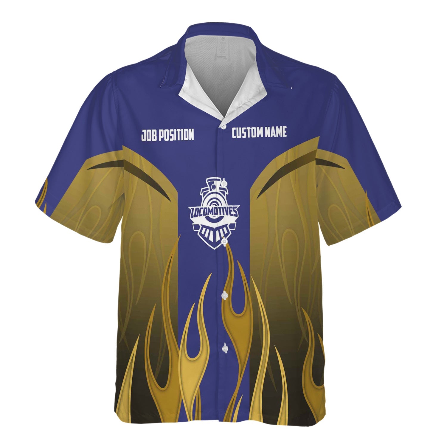 Railspirit Custom Name and Job Title Chicago, Burlington and Quincy Railroad Hawaiian Shirt Flame Graphic Train Shirt For Rail Workers