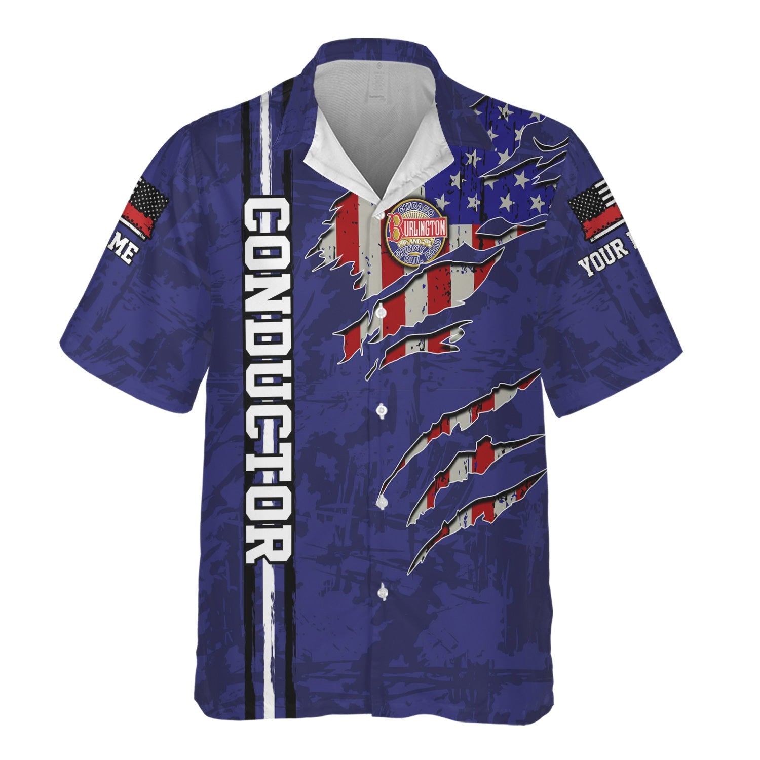 Railspirit Personalized Chicago, Burlington and Quincy Railroad Hawaiian Shirt USA Flag Claw Art with Custom Job Train Shirt