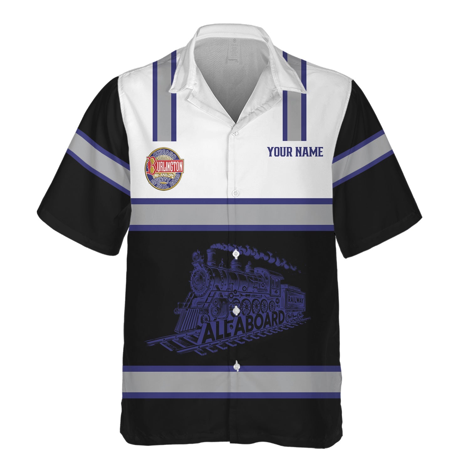 Railspirit Custom Name Chicago, Burlington and Quincy Railroad Hawaiian Shirt Eat Train Sleep Repeat Printed Train Shirt