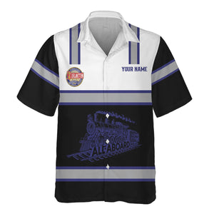 Railspirit Custom Name Chicago, Burlington and Quincy Railroad Hawaiian Shirt Eat Train Sleep Repeat Printed Train Shirt