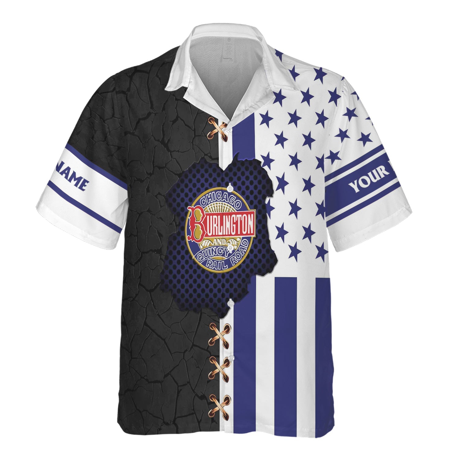 Railspirit Personalized Chicago, Burlington and Quincy Railroad Hawaiian Shirt American Flag with Crack Effect Train Shirt