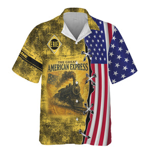 Railspirit Personalized Erie Railroad Hawaiian Shirt Retro American Express Train With USA Flag Shirt