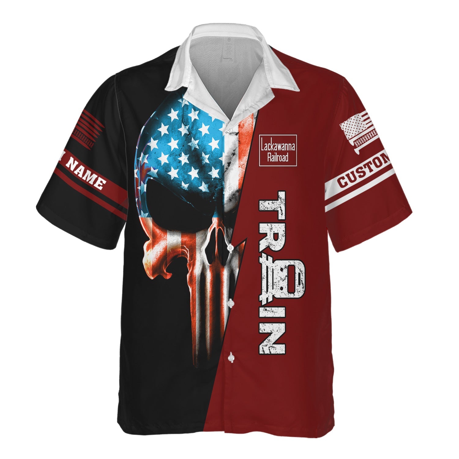 Railspirit Personalized Delaware, Lackawanna and Western Railroad Hawaiian Shirt Train Skull American Flag DL&W Shirt All Over Print