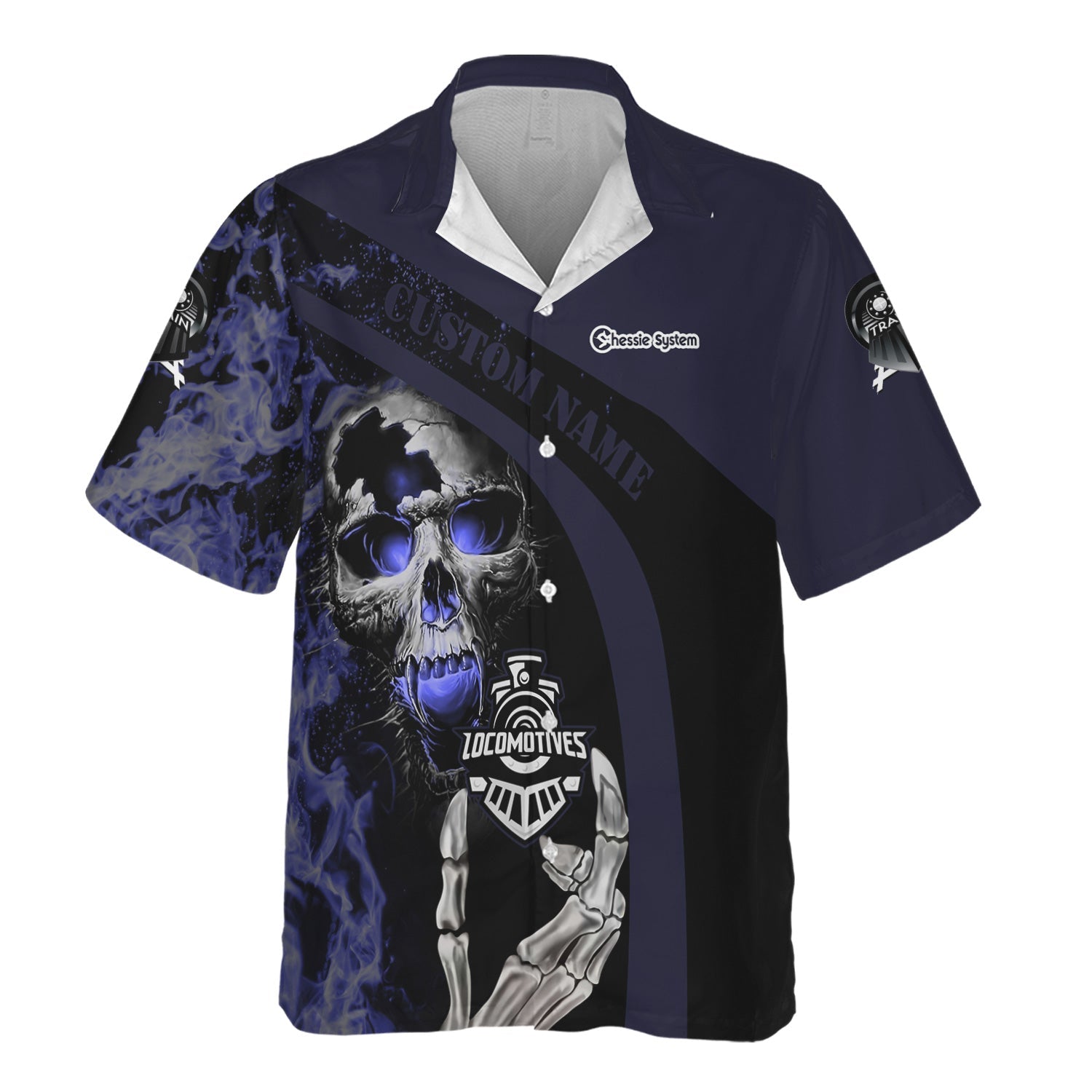 Railspirit Personalized Chessie System Railroad Hawaiian Shirt Flame Skull Design Train Shirt for Locomotive Fans