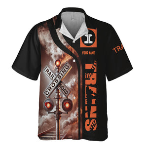 Railspirit Custom Name Illinois Central Railroad Hawaiian Shirt Railroad Crossing Sign Printed Train Shirt