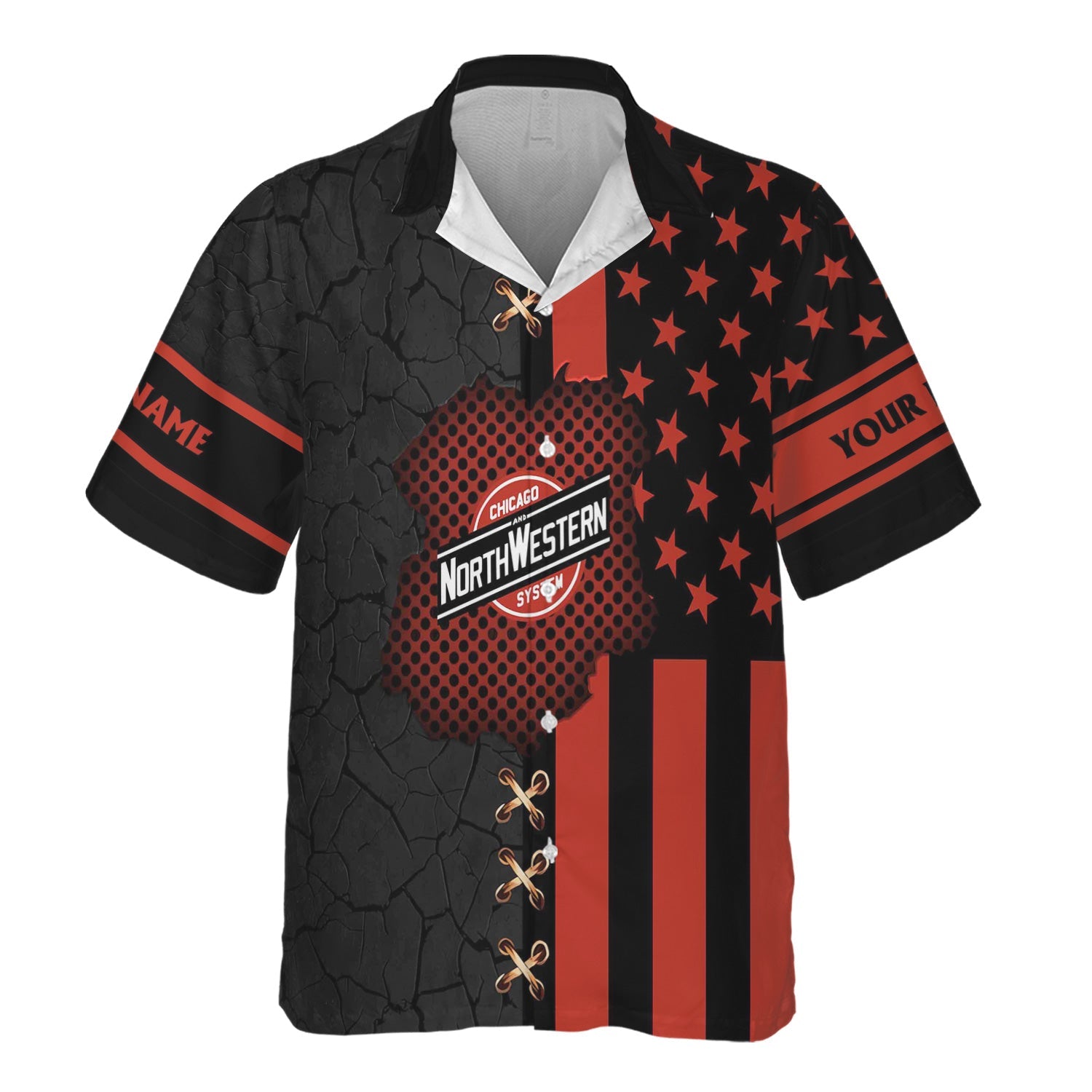 Railspirit Personalized Chicago and North Western Railway Hawaiian Shirt American Flag with Crack Effect Train Shirt