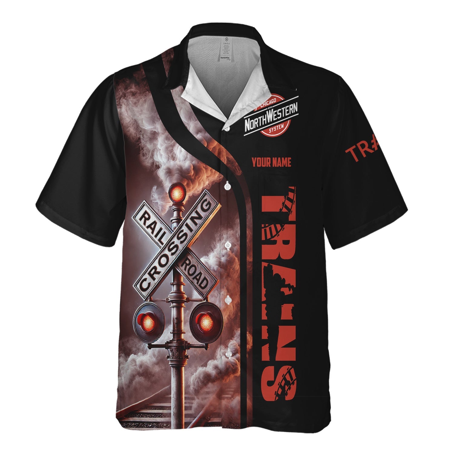 Railspirit Custom Name Chicago and North Western Railway Hawaiian Shirt Railroad Crossing Sign Printed Train Shirt