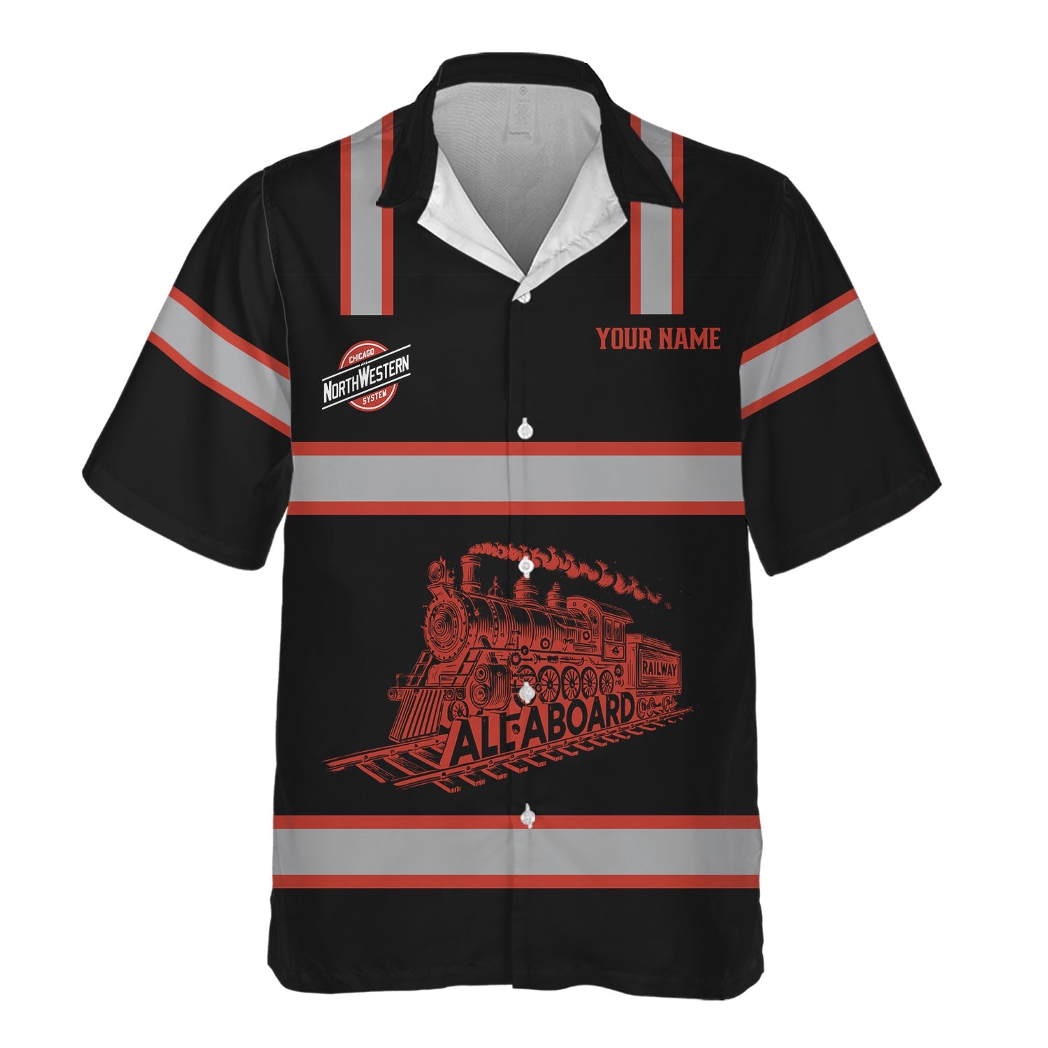 Railspirit Custom Name Chicago and North Western Railway Hawaiian Shirt Eat Train Sleep Repeat Printed Train Shirt