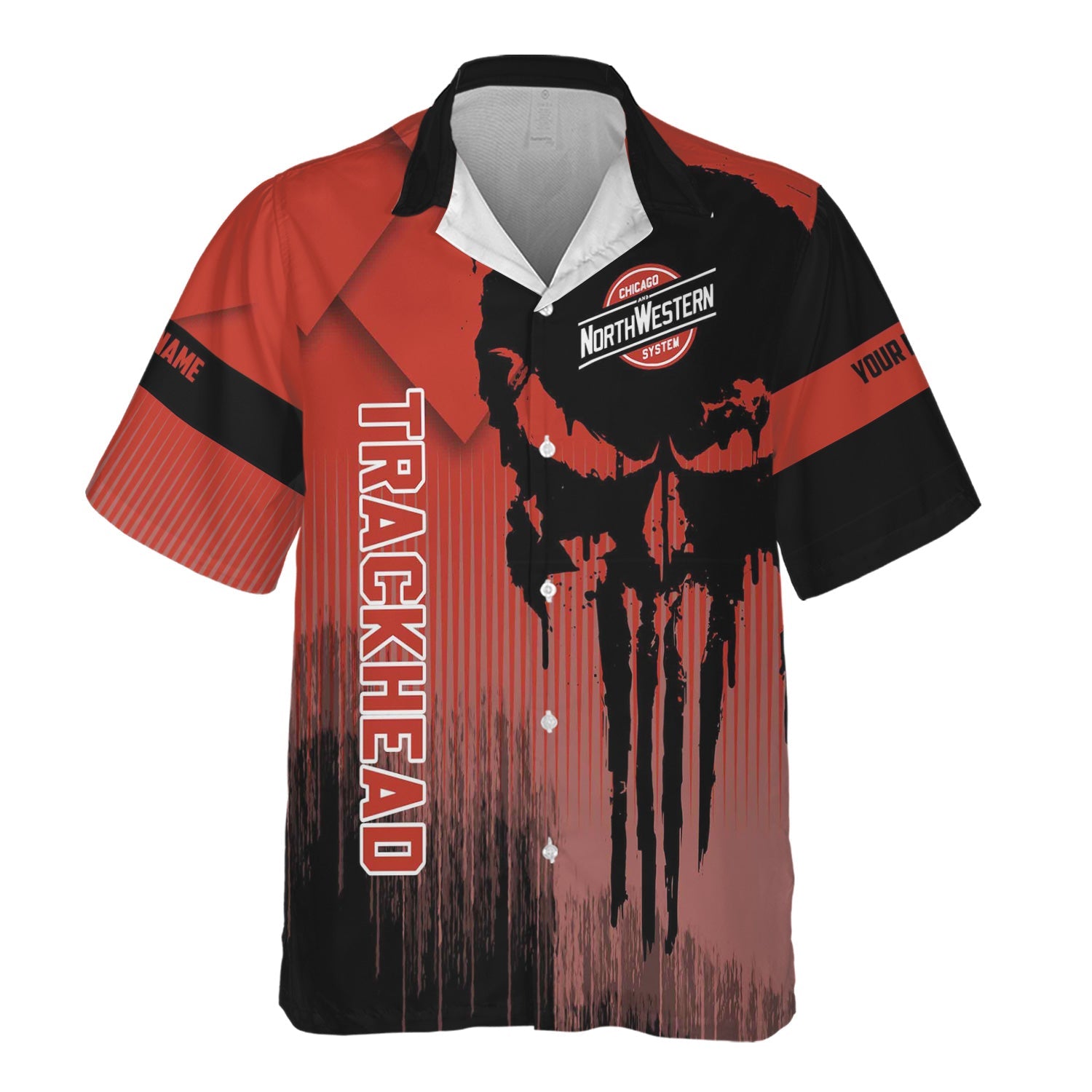 Railspirit Personalized Chicago and North Western Railway Hawaiian Shirt Skull Design with Custom Job Train Shirt for Trackhead Crew