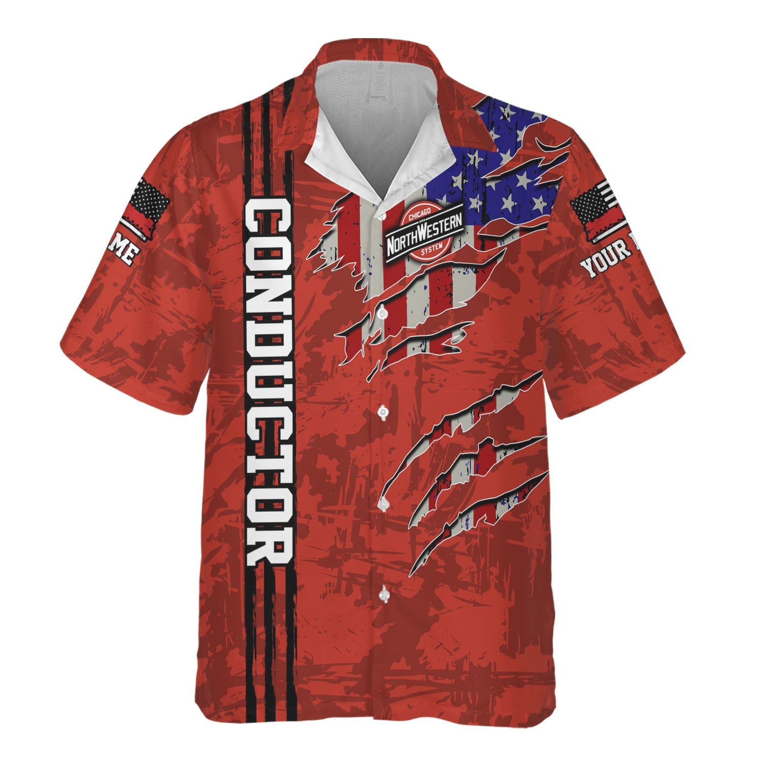Railspirit Personalized Chicago and North Western Railway Hawaiian Shirt USA Flag Claw Art with Custom Job Train Shirt