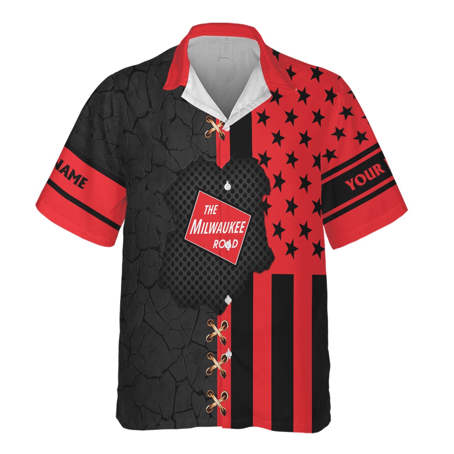 Railspirit Personalized Chicago, Milwaukee, St. Paul and Pacific Railroad Hawaiian Shirt American Flag with Crack Effect Milwaukee Road Train Shirt