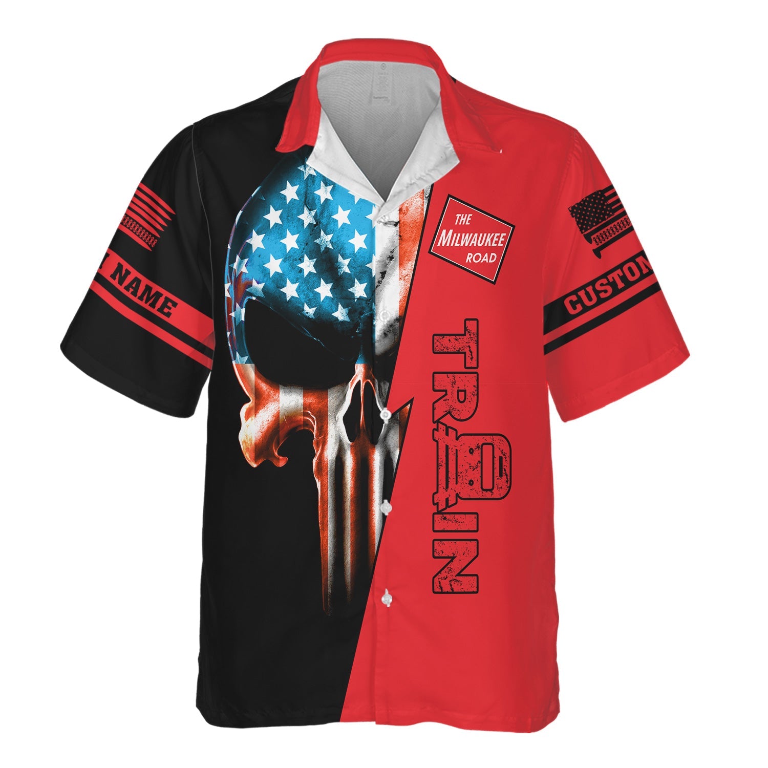 Railspirit Personalized Chicago, Milwaukee, St. Paul and Pacific Railroad Hawaiian Shirt Train Skull American Flag Milwaukee Road Shirt
