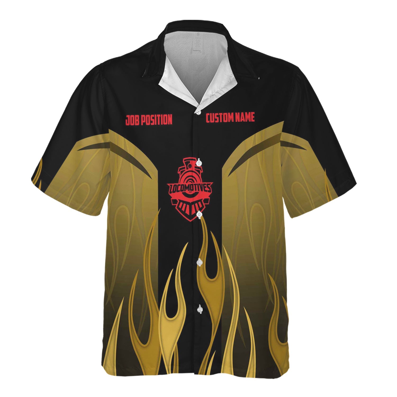 Railspirit Custom Name and Job Title Chicago, Milwaukee, St. Paul and Pacific Railroad Hawaiian Shirt Flame Graphic Milwaukee Road Train Shirt