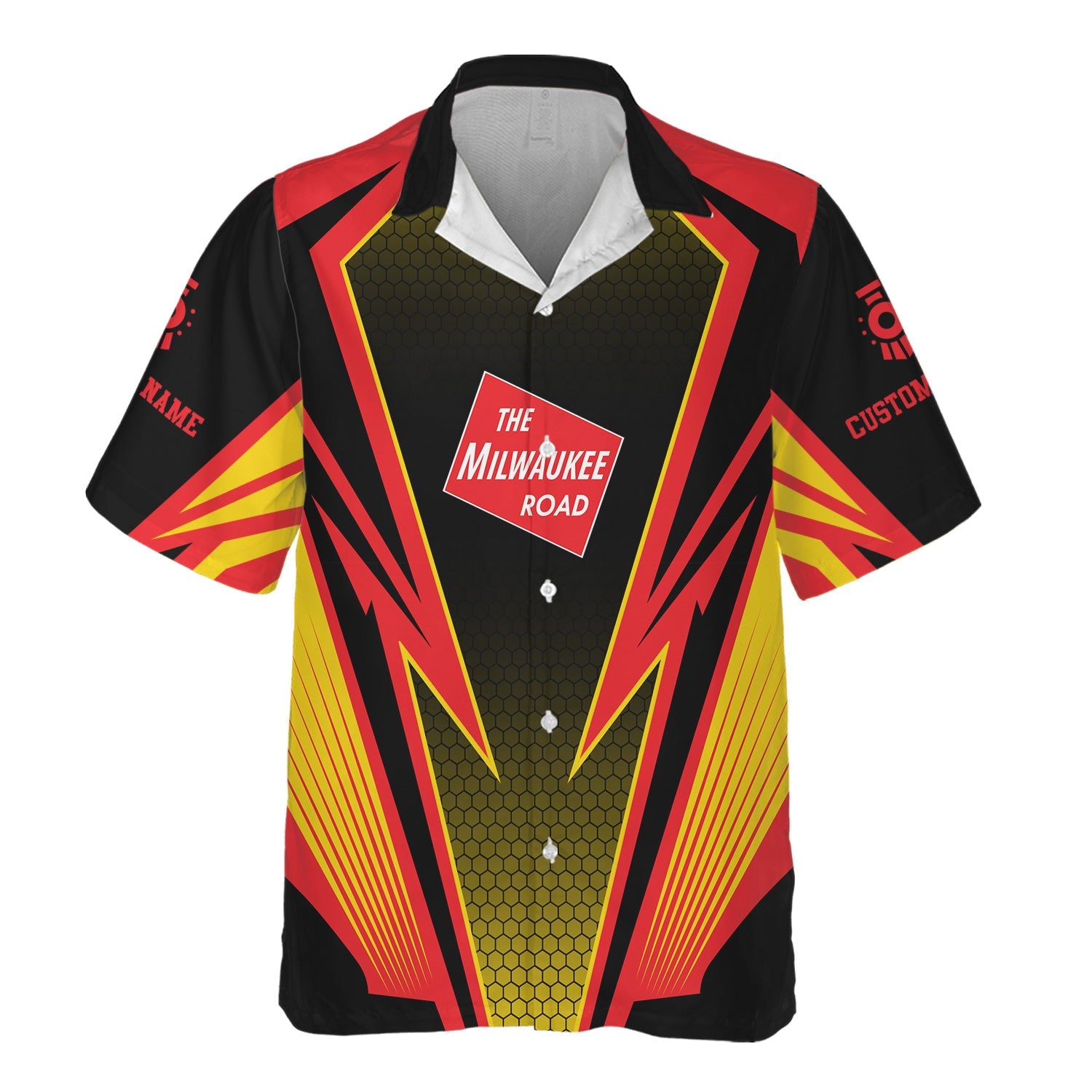 Railspirit Personalized Chicago, Milwaukee, St.Paul and Pacific Railroad Hawaiian Shirt Lightning Graphic Style Milwaukee Road Shirt Gift For Train Lover