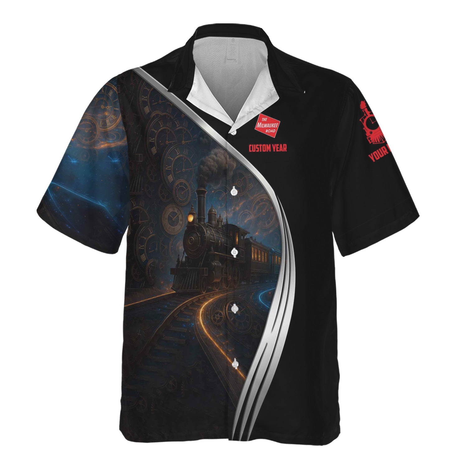 Railspirit Personalized Chicago, Milwaukee, St. Paul and Pacific Railroad Hawaiian Shirt Steampunk with Custom Year Milwaukee Road Train Shirt