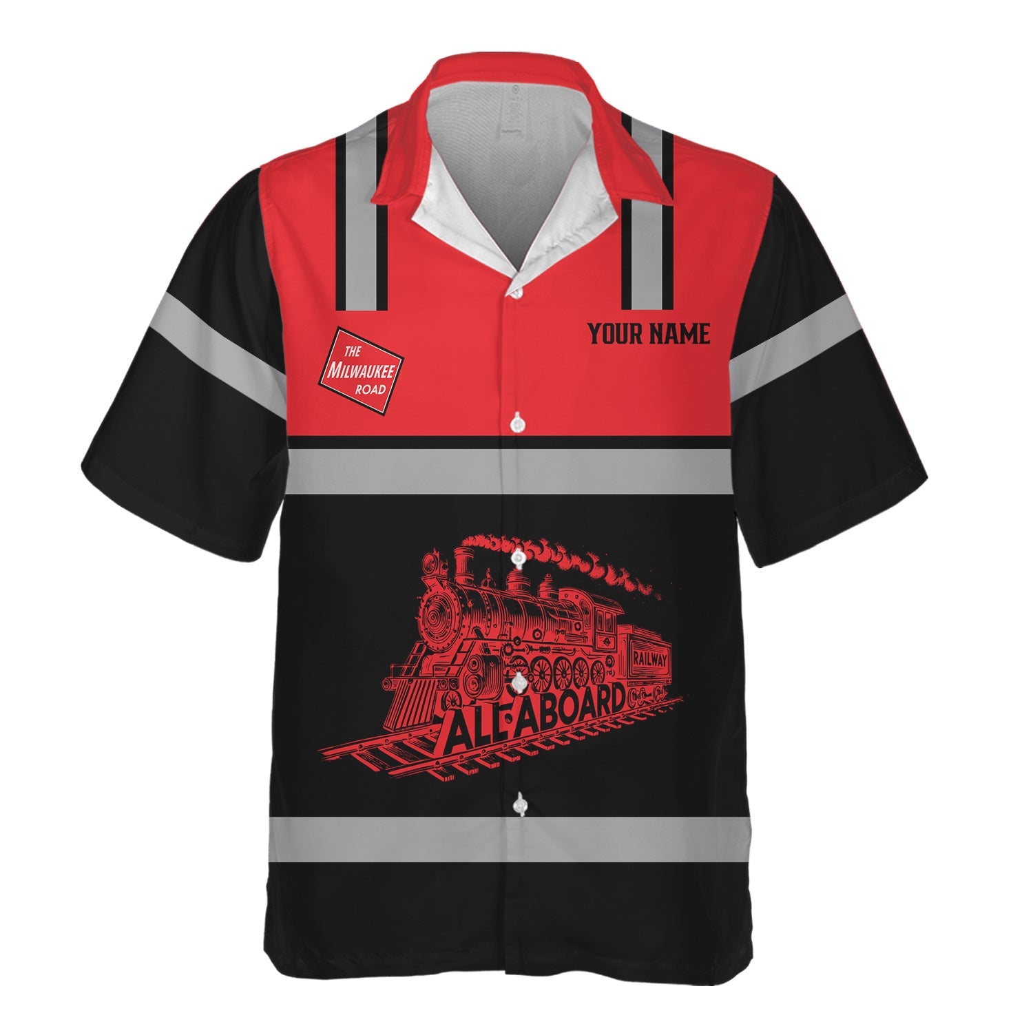Railspirit Custom Name Chicago, Milwaukee, St. Paul and Pacific Railroad Hawaiian Shirt Eat Train Sleep Repeat Milwaukee Road Printed Train Shirt