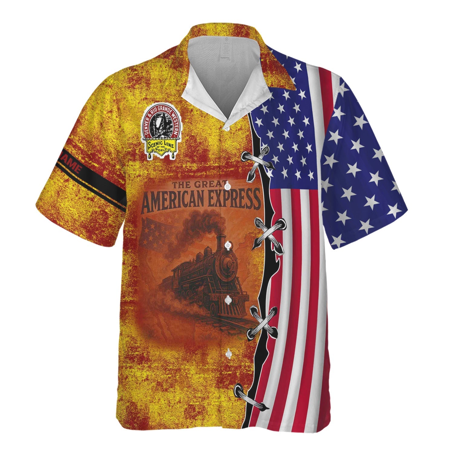 Railspirit Personalized Denver and Rio Grande Western Railroad Hawaiian Shirt Retro American Express Train With USA Flag Shirt