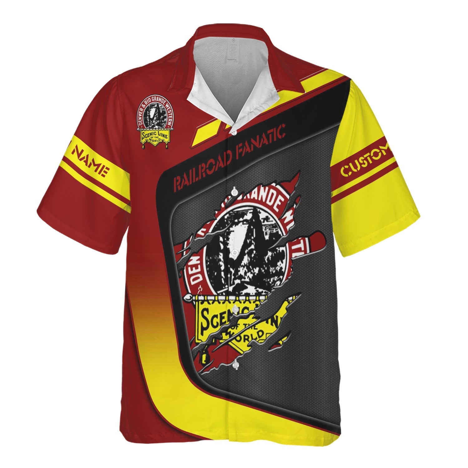 Railspirit Personalized Denver and Rio Grande Western Railroad Hawaiian Shirt Ripped Texture Style Train Shirt For Railroad Fanatic