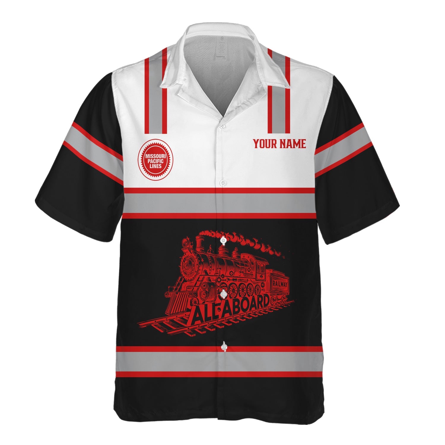 Railspirit Custom Name Missouri Pacific Railroad Hawaiian Shirt Eat Train Sleep Repeat Printed Train Shirt