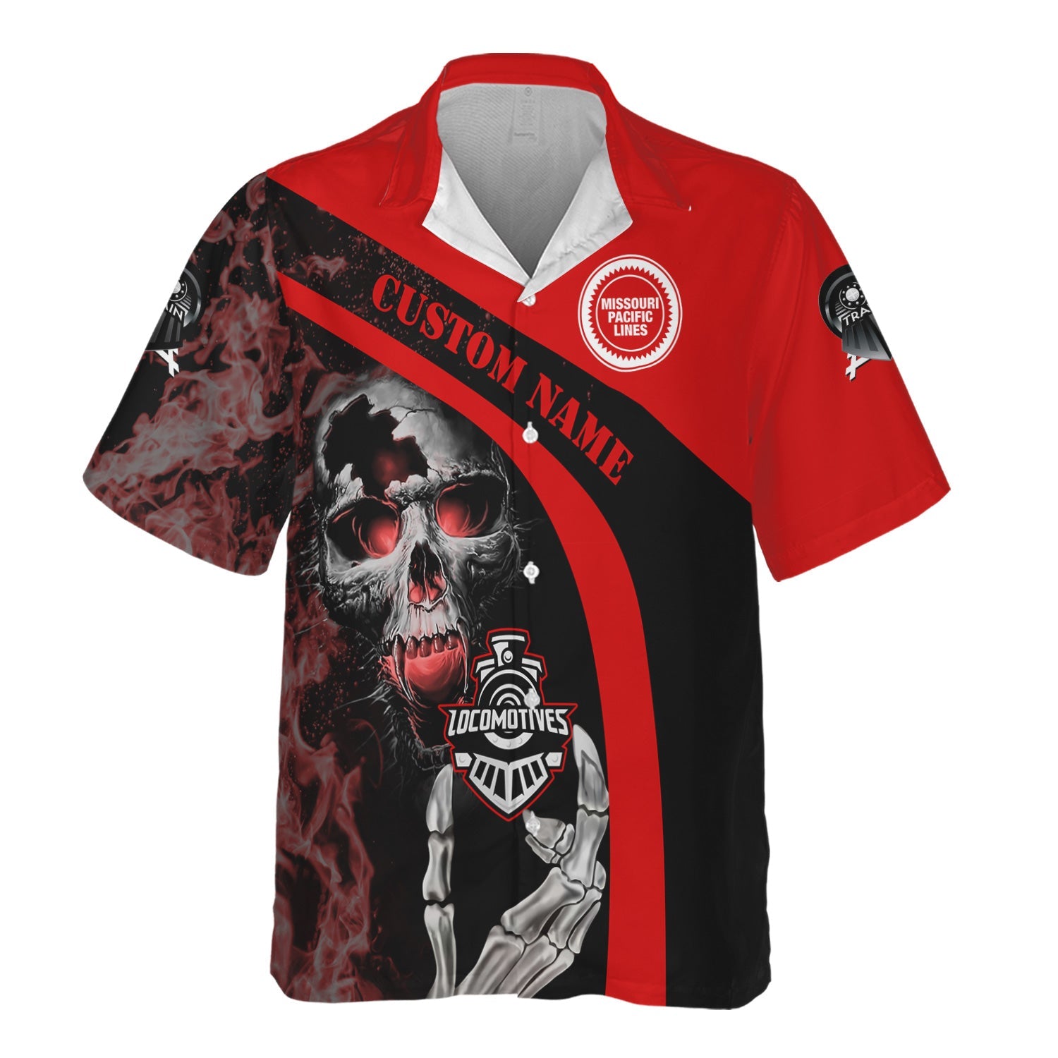 Railspirit Personalized Missouri Pacific Railroad Hawaiian Shirt Flame Skull Design Train Shirt for Locomotive Fans