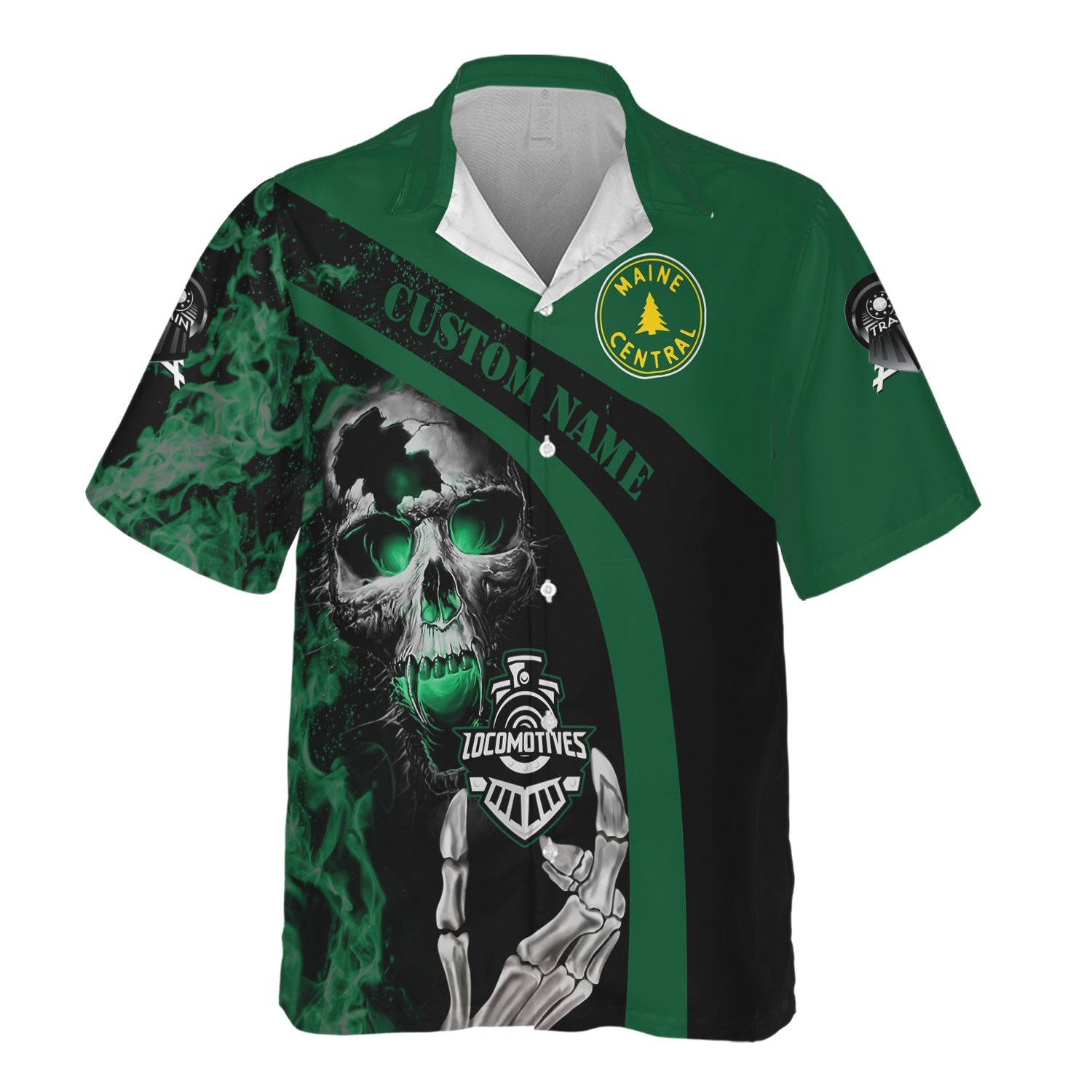 Railspirit Personalized Maine Central Railroad Hawaiian Shirt Flame Skull Design Train Shirt for Locomotive Fans