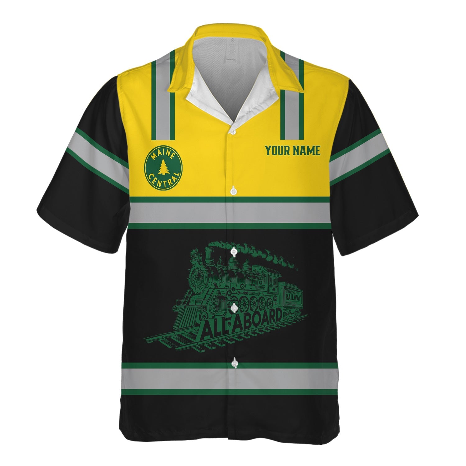 Railspirit Custom Name Maine Central Railroad Hawaiian Shirt Eat Train Sleep Repeat Printed Train Shirt