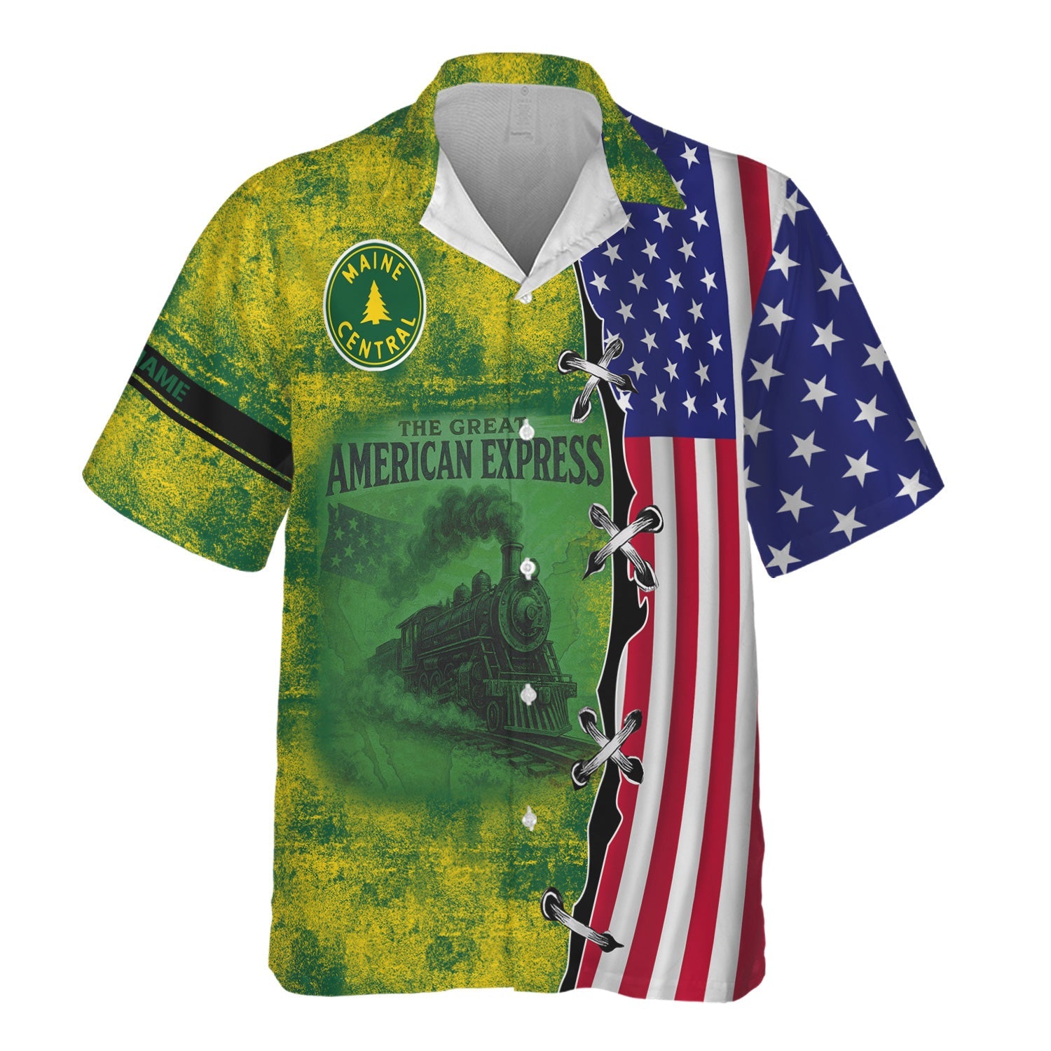 Railspirit Personalized Maine Central Railroad Hawaiian Shirt Retro American Express Train With USA Flag Shirt