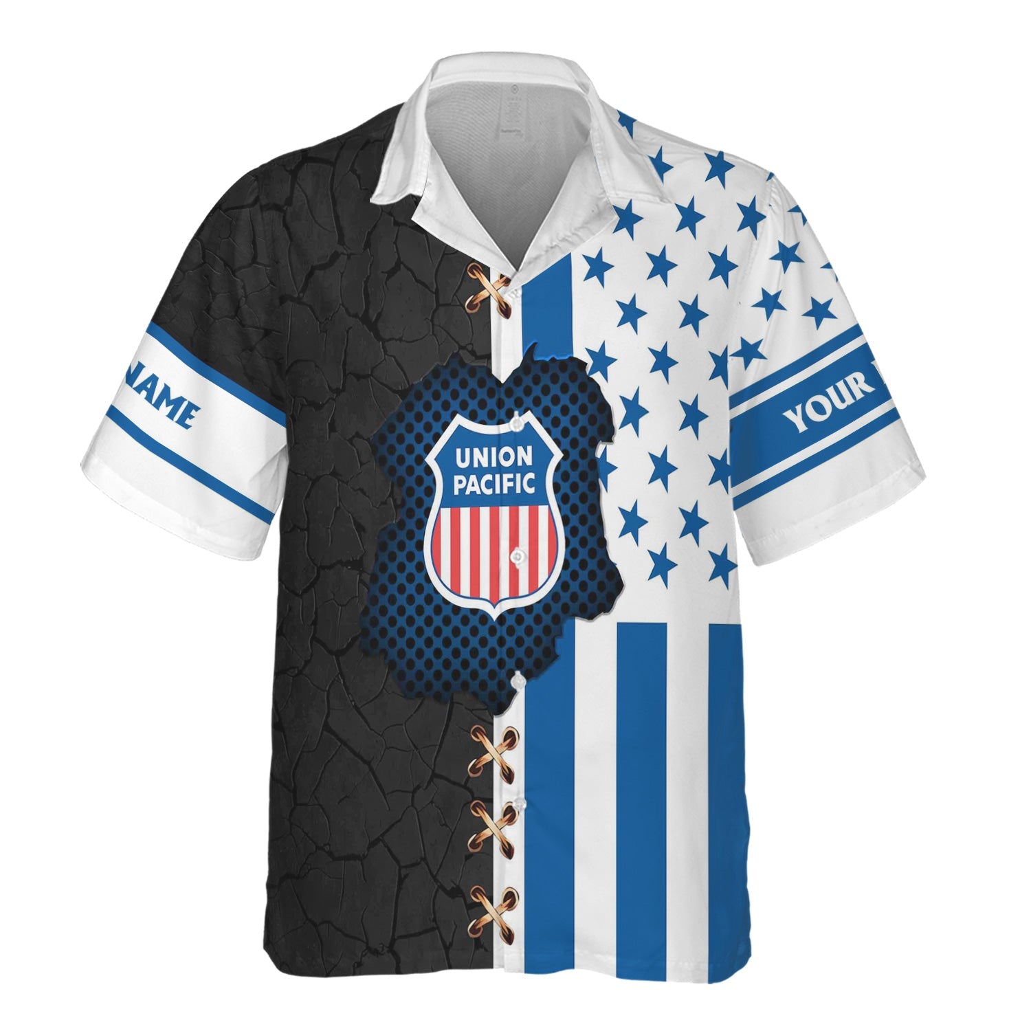 Railspirit Personalized Union Pacific Railroad Hawaiian Shirt American Flag with Crack Effect Big Boy Train Shirt