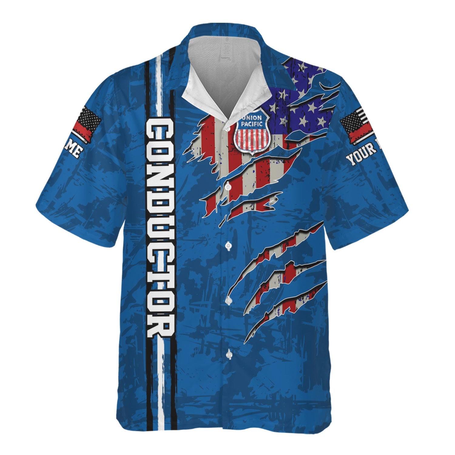 Railspirit Personalized Union Pacific Railroad Hawaiian Shirt USA Flag Claw Art with Custom Job Big Boy Train Shirt