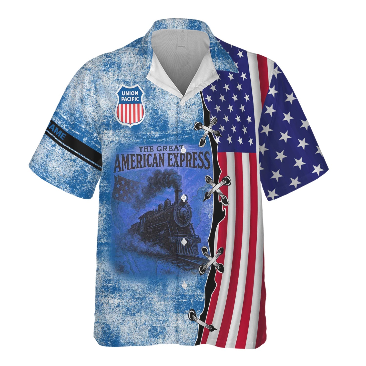 Railspirit Personalized Union Pacific Railroad Hawaiian Shirt Retro American Express Train With USA Flag Big Boy Shirt