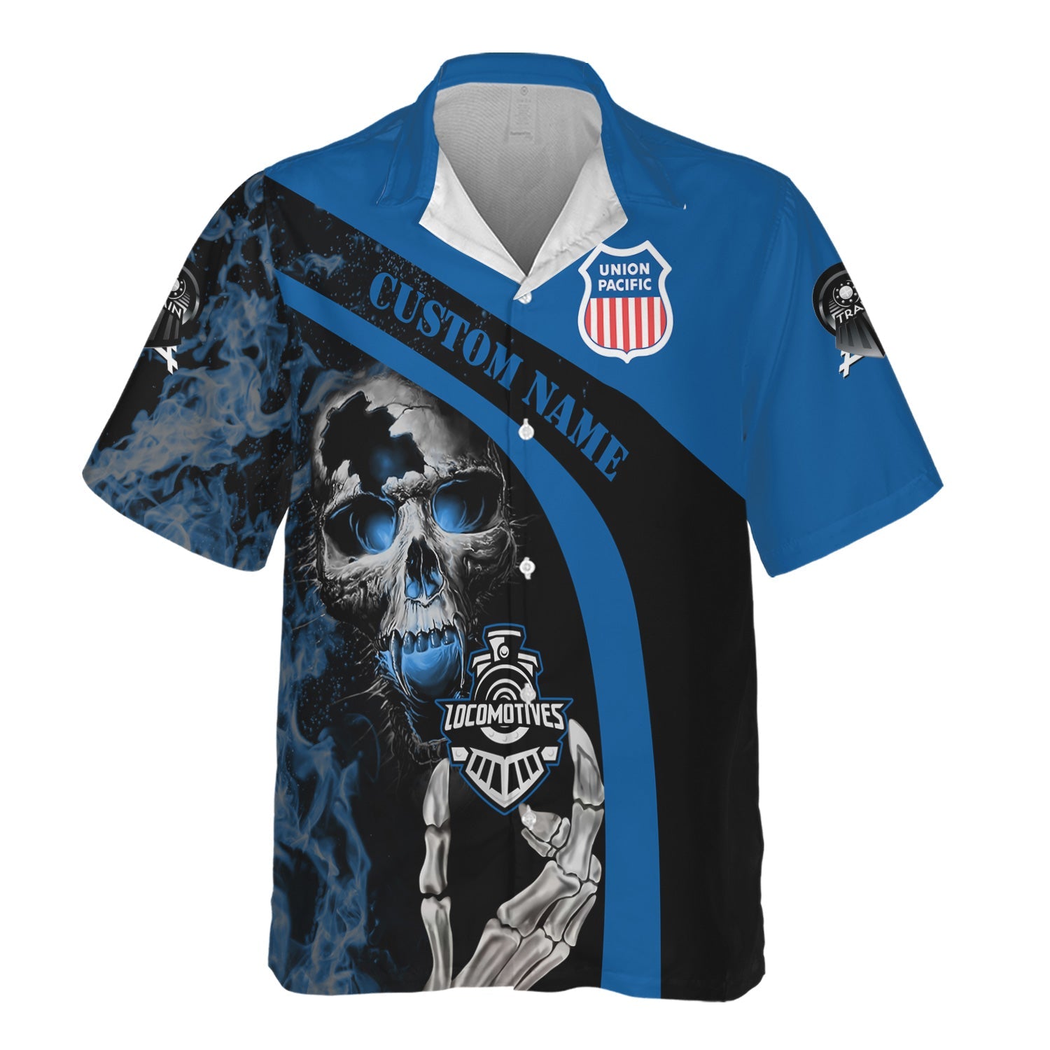 Railspirit Personalized Union Pacific Railroad Hawaiian Shirt Flame Skull Design Big Boy Train Shirt for Locomotive Fans