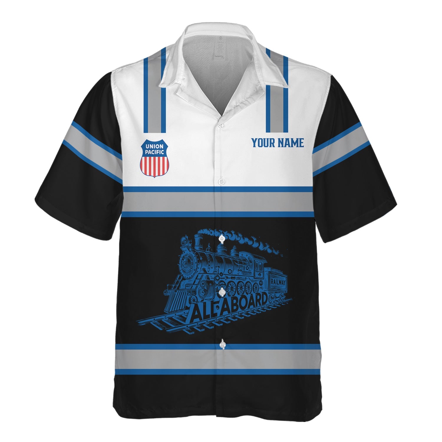 Railspirit Custom Name Union Pacific Railroad Hawaiian Shirt Eat Train Sleep Repeat Big Boy Printed Train Shirt