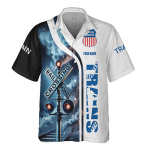 Railspirit Custom Name Union Pacific Railroad Hawaiian Shirt Railroad Crossing Sign Big Boy Printed Train Shirt