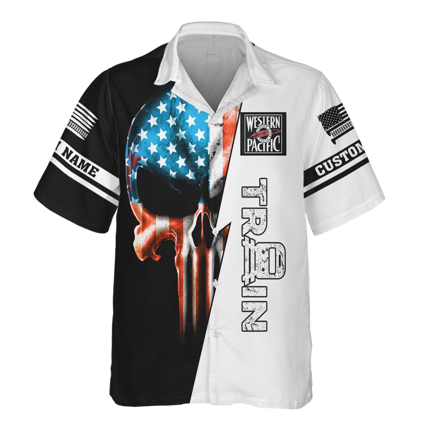 Railspirit Personalized Western Pacific Railroad Hawaiian Shirt Train Skull American Flag Shirt All Over Print