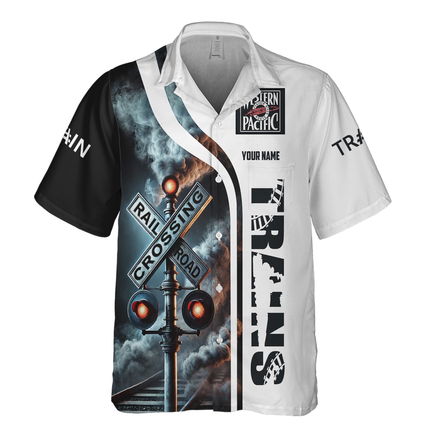 Railspirit Custom Name Western Pacific Railroad Hawaiian Shirt Railroad Crossing Sign Printed Train Shirt