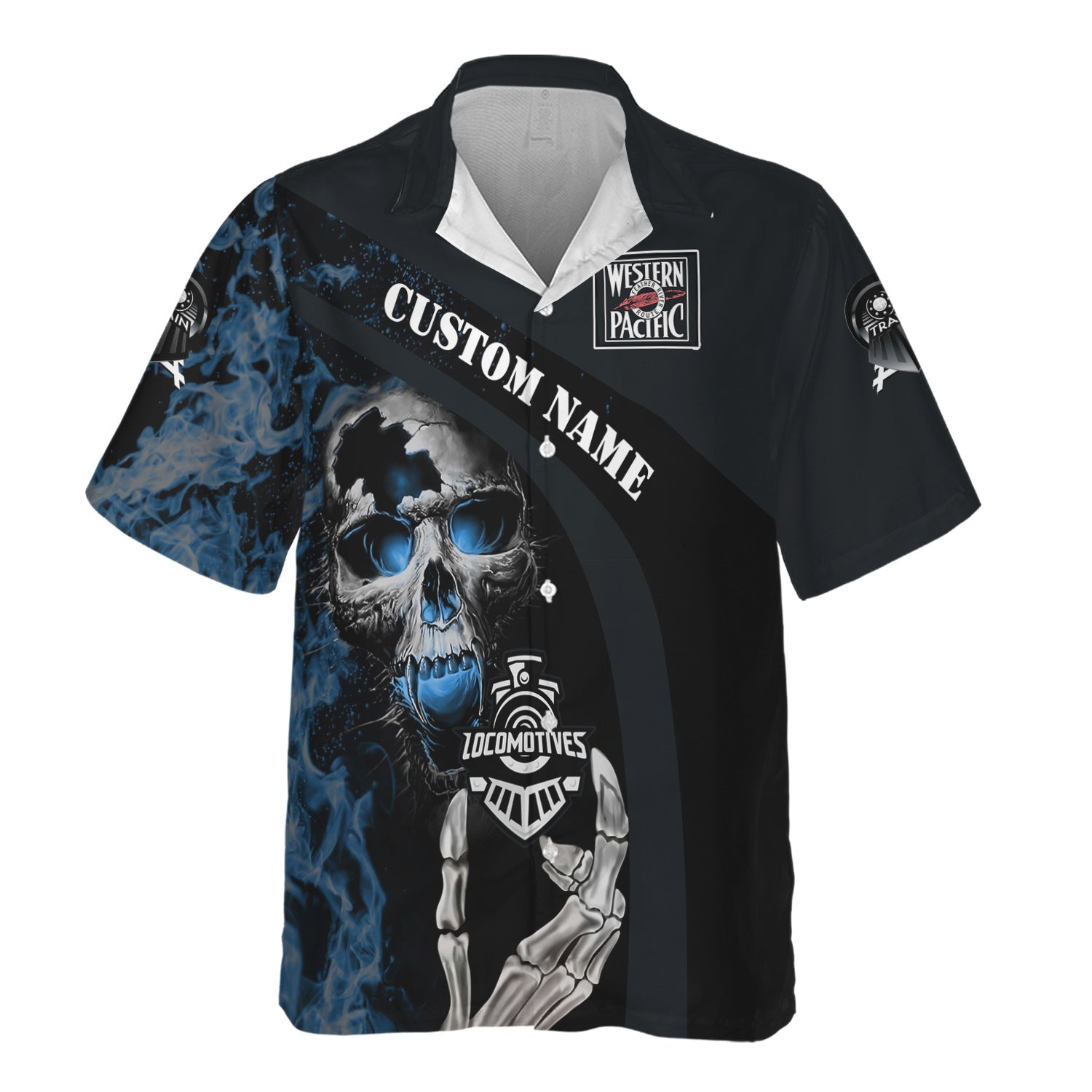 Railspirit Personalized Western Pacific Railroad Hawaiian Shirt Flame Skull Design Train Shirt for Locomotive Fans