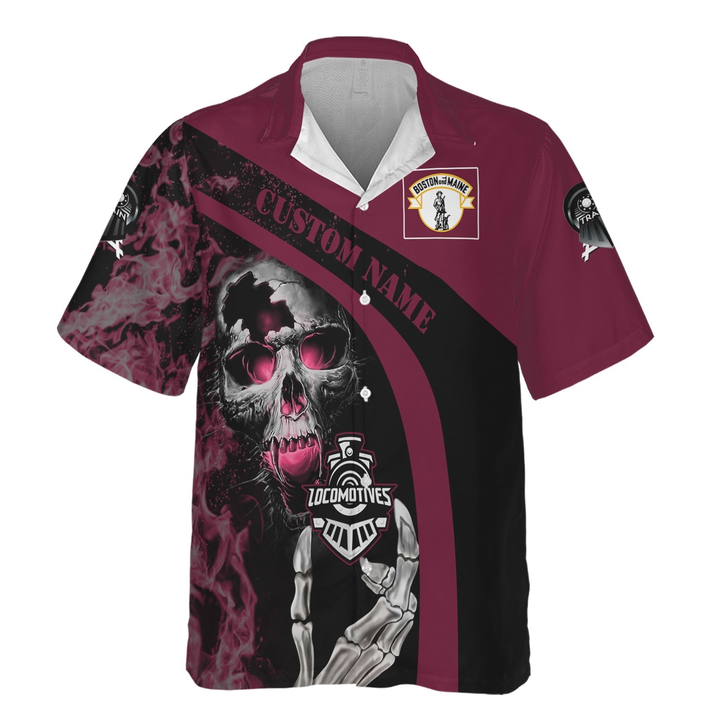 Railspirit Personalized Boston and Maine Railroad Hawaiian Shirt Flame Skull Design Train Shirt for Locomotive Fans