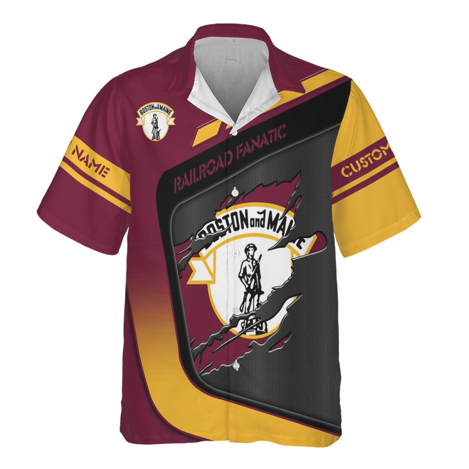 Railspirit Personalized Boston and Maine Railroad Hawaiian Shirt Ripped Texture Style Train Shirt For Railroad Fanatic